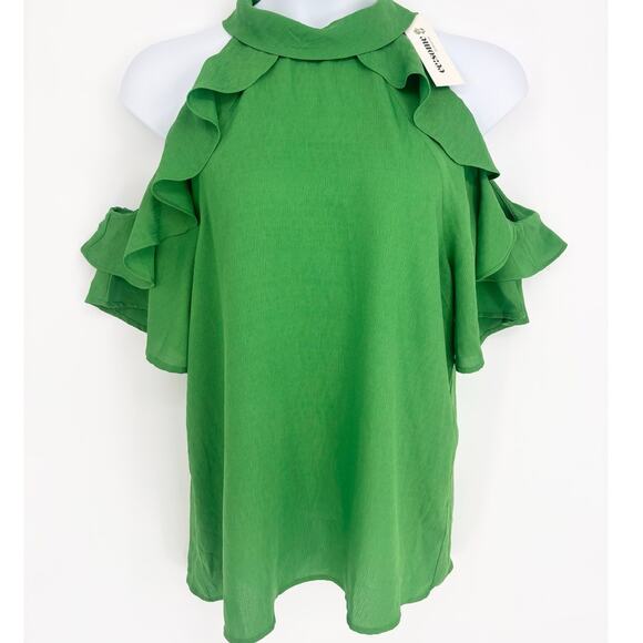 EESome NWT Kelly Green Cold Shoulder Ruffle Oversized Top Size L - Picture 1 of 7